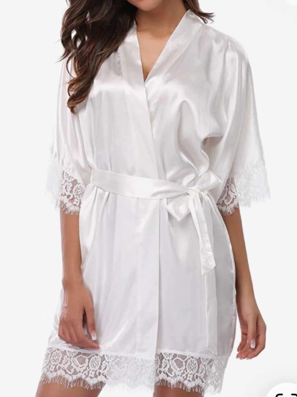Women's white Satin Lace Trim Kimono Robe